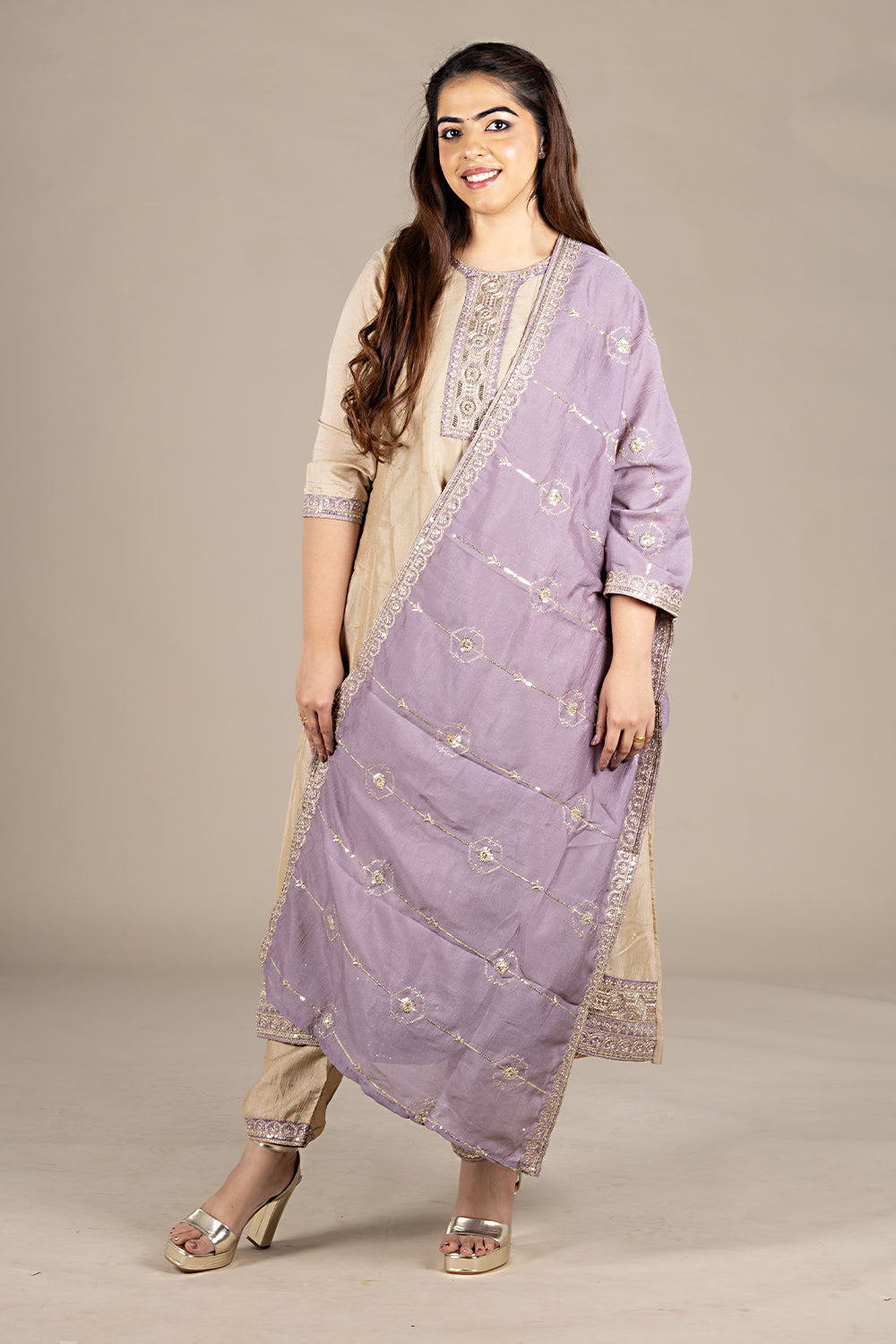Beige Silk Designer Salwar Suit with Purple Dupatta
