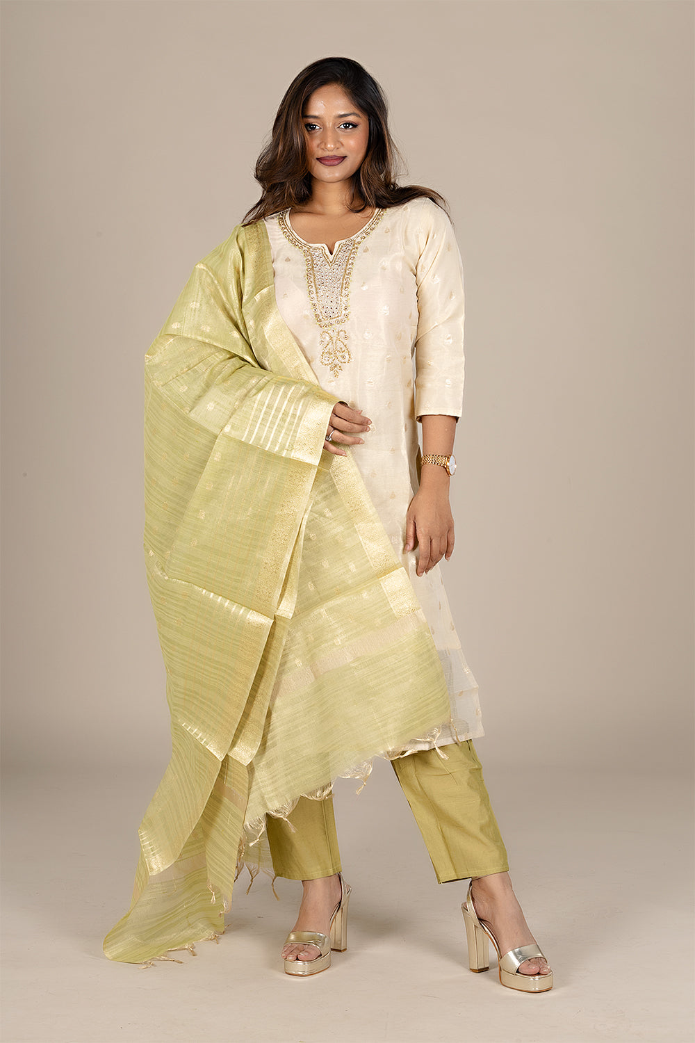 Off-White Designer Salwar Suit with Powder Green Dupatta