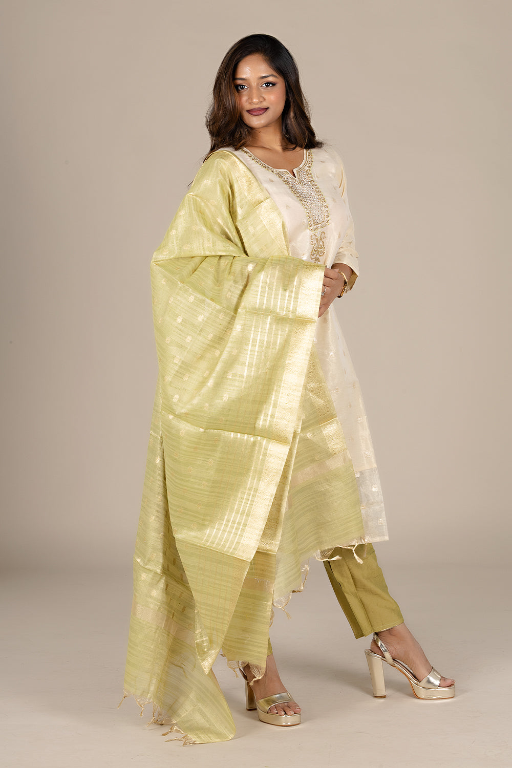 Off-White Designer Salwar Suit with Powder Green Dupatta