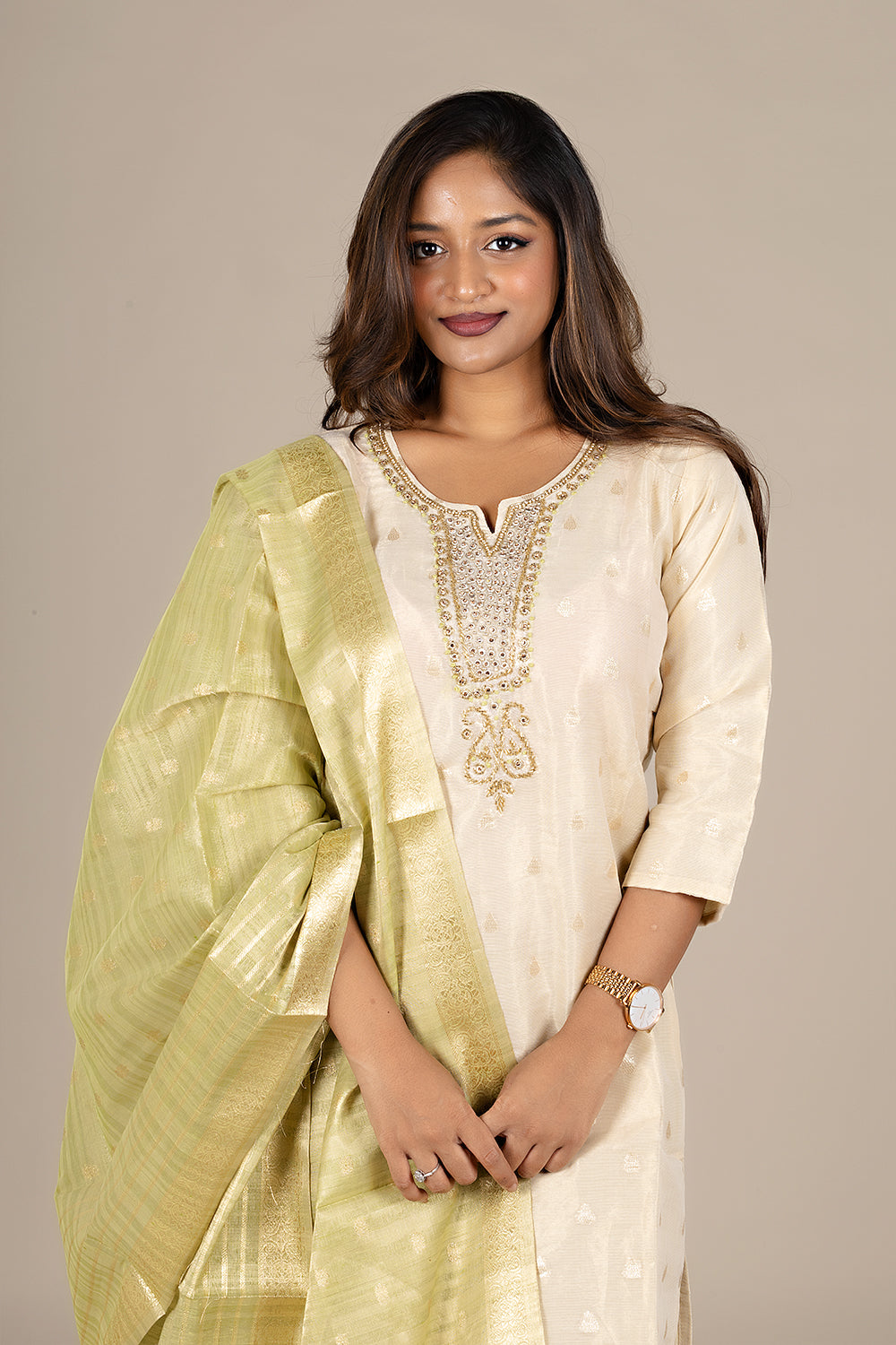 Off-White Designer Salwar Suit with Powder Green Dupatta