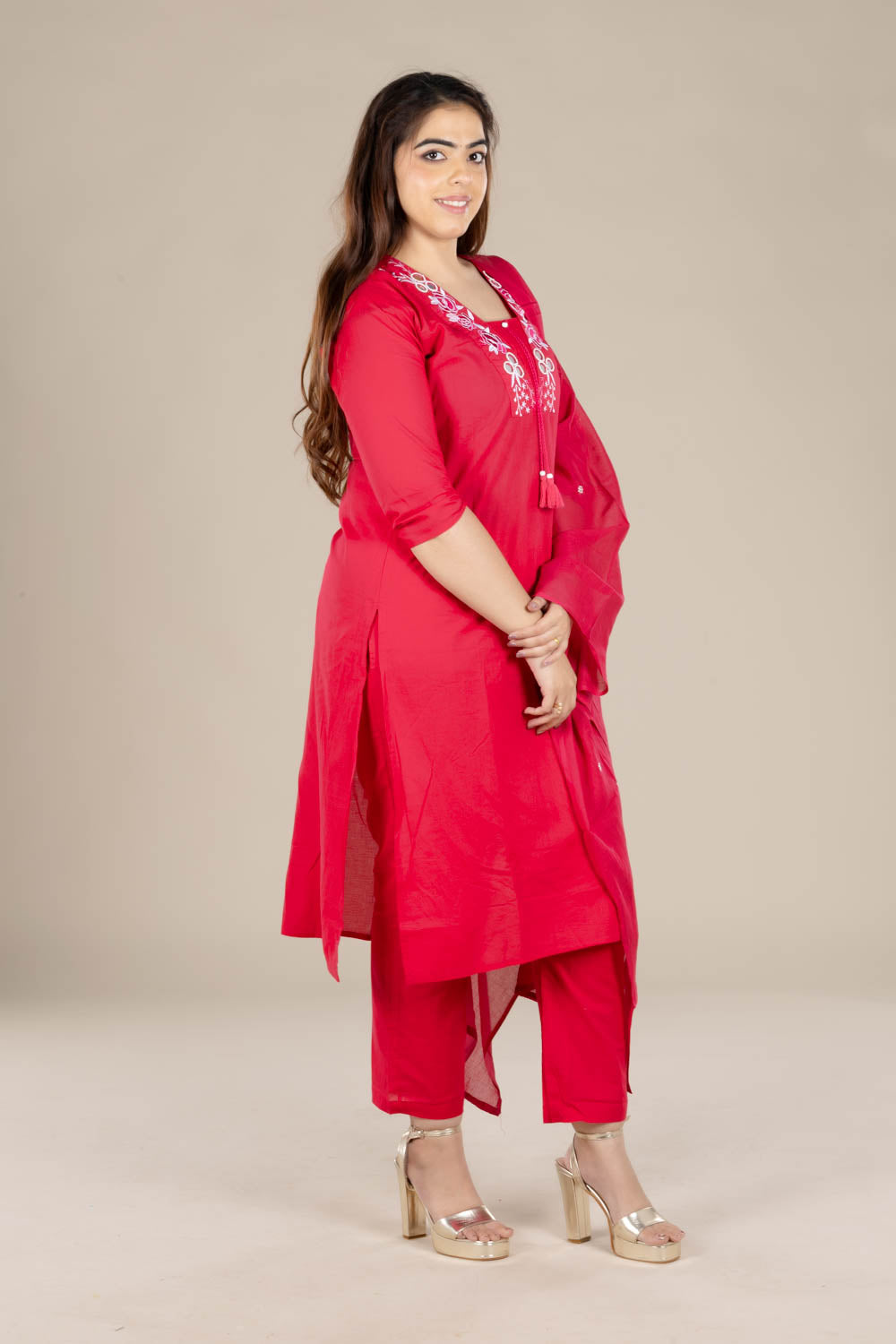 Red Embroidered Straight Suit
