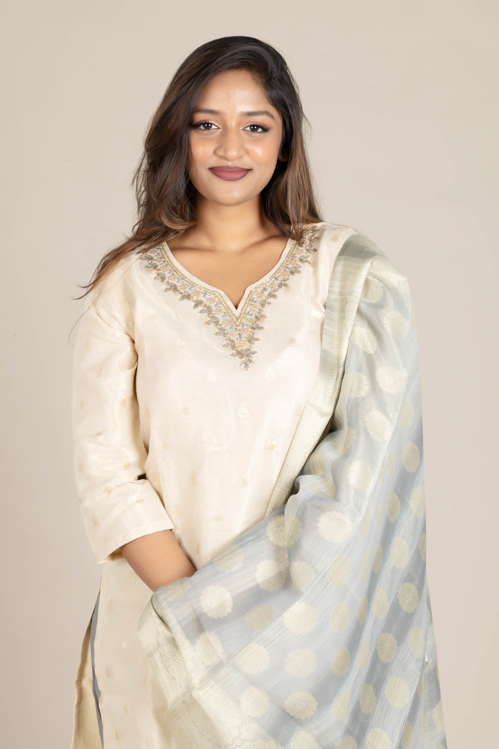 Off-White Straight Suit with Grey Dupatta
