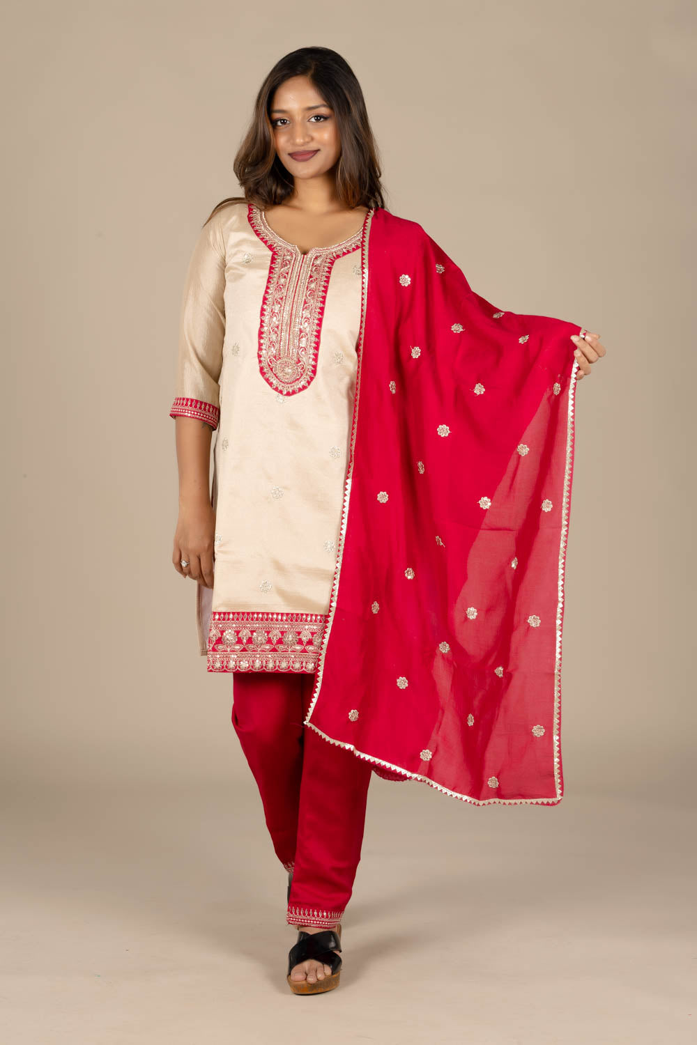 Off-White Designer Straight Suit with Red Dupatta