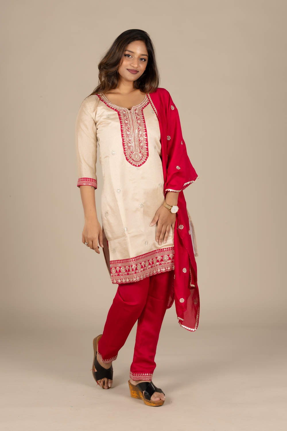 Off-White Designer Straight Suit with Red Dupatta