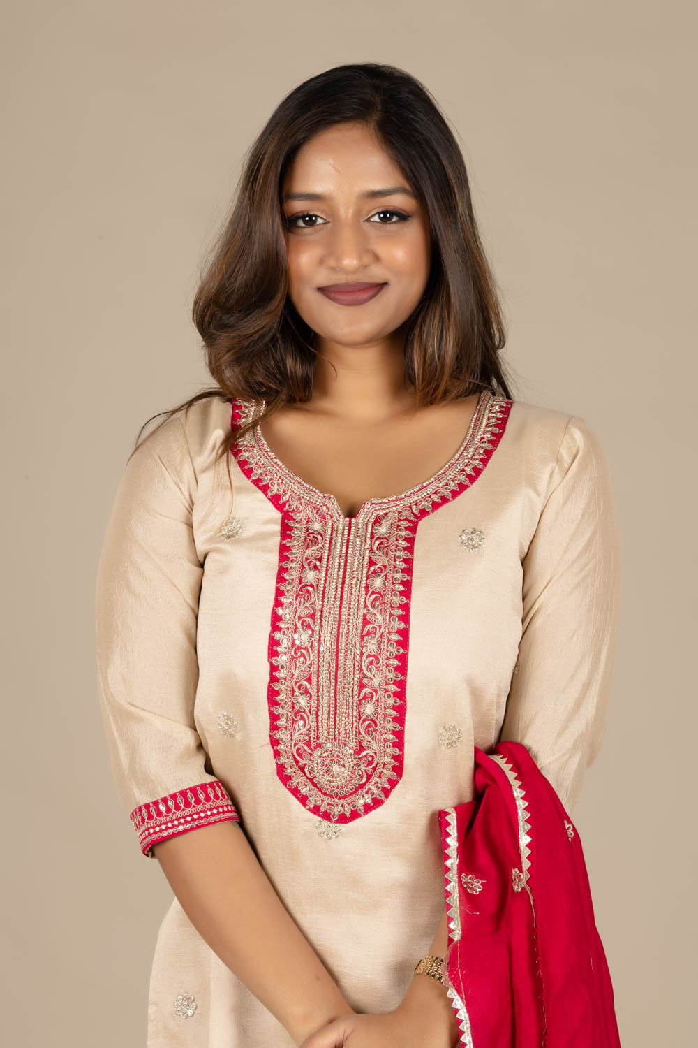 Off-White Designer Straight Suit with Red Dupatta