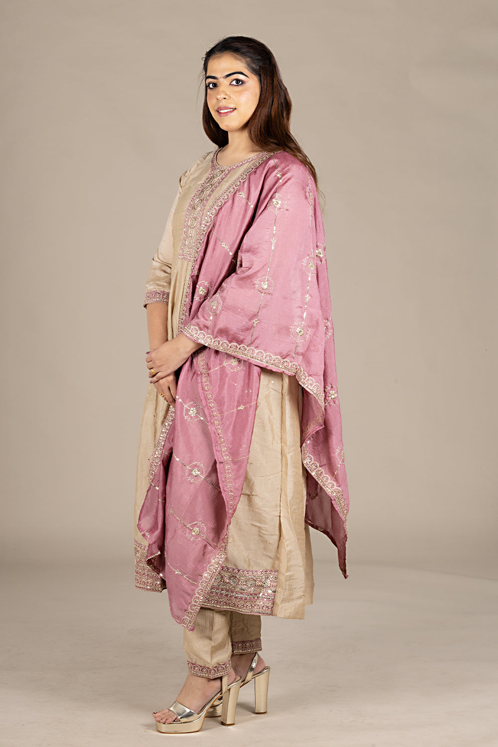 Beige Designer Silk Salwar Suit with Pink Dupatta