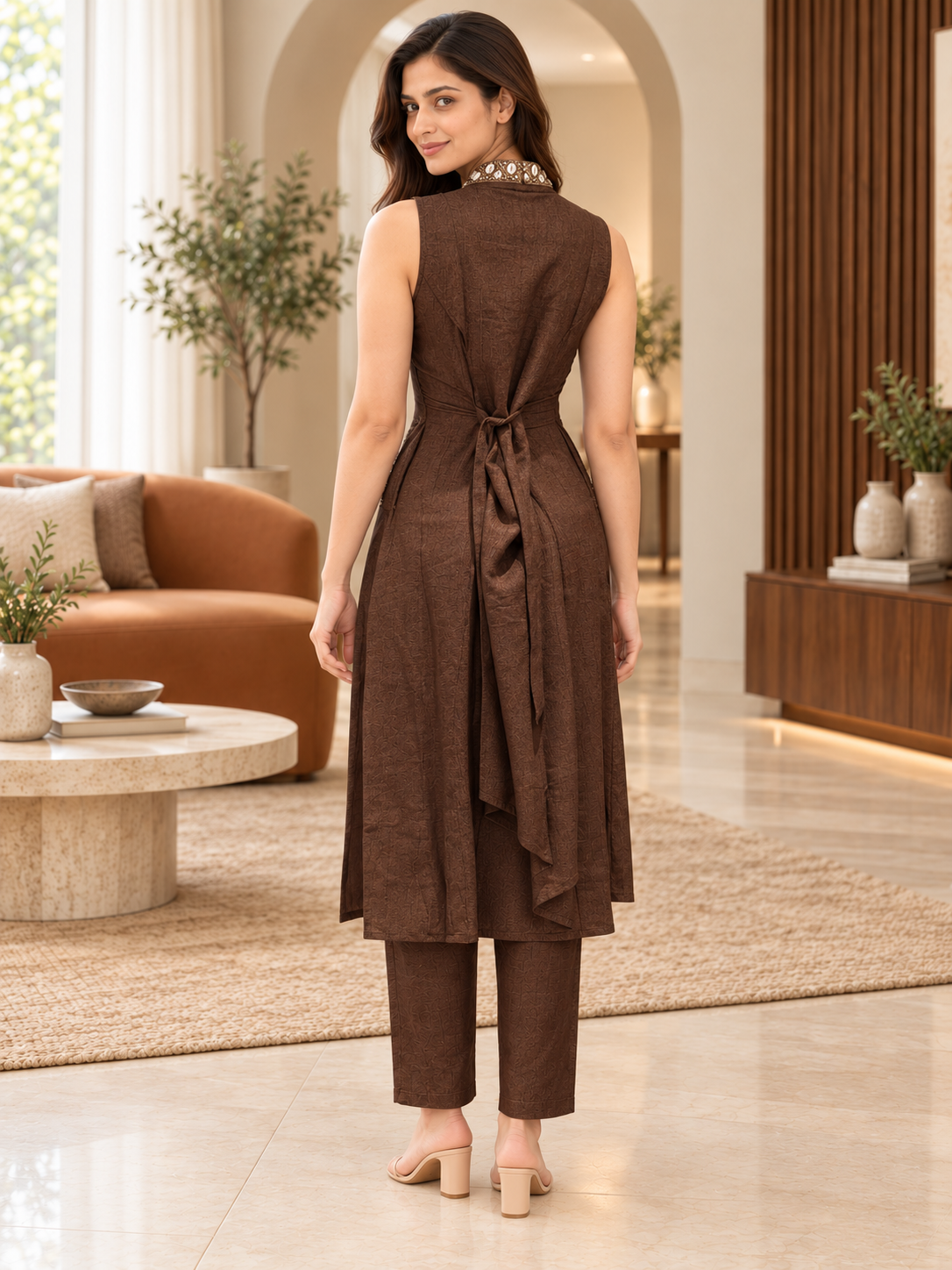Brown Stand-Collar Neck Co-ord Set