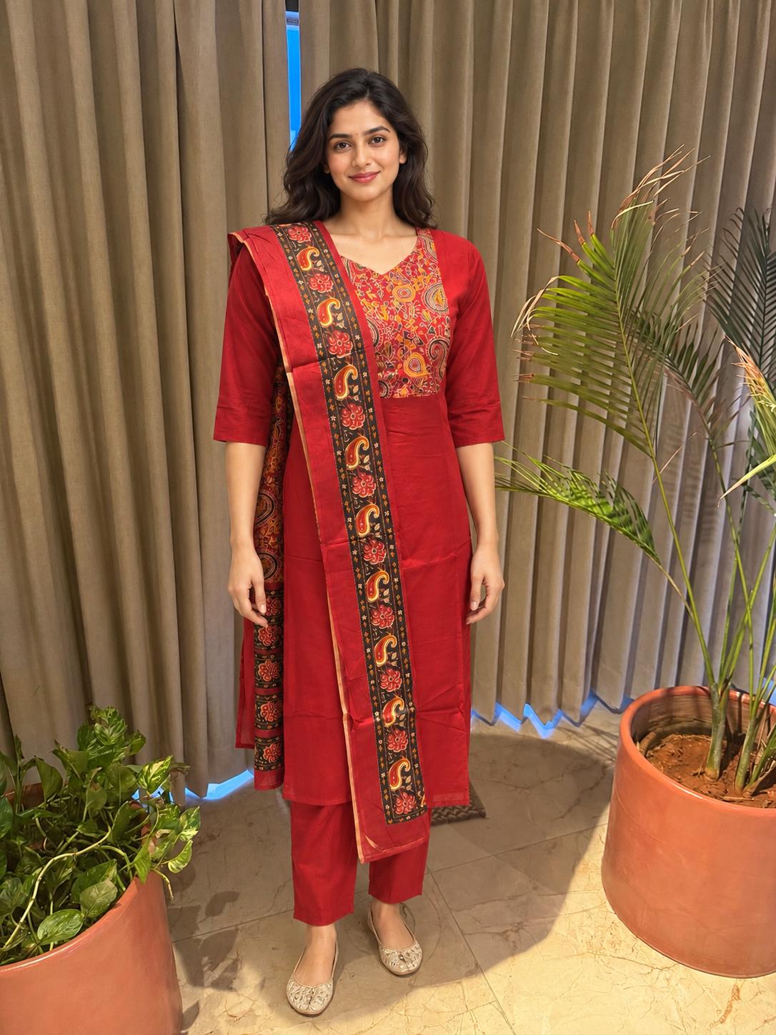 Red Printed Neck and Dupatta Set