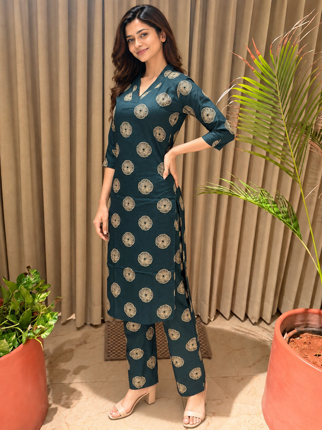 Blue Printed V-Neck Co-ord