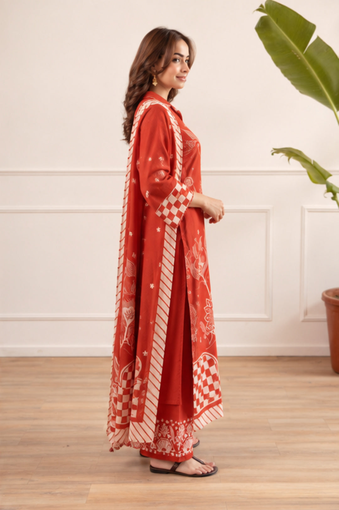 Mul Chanderi V-Neck Rust Red Kurta