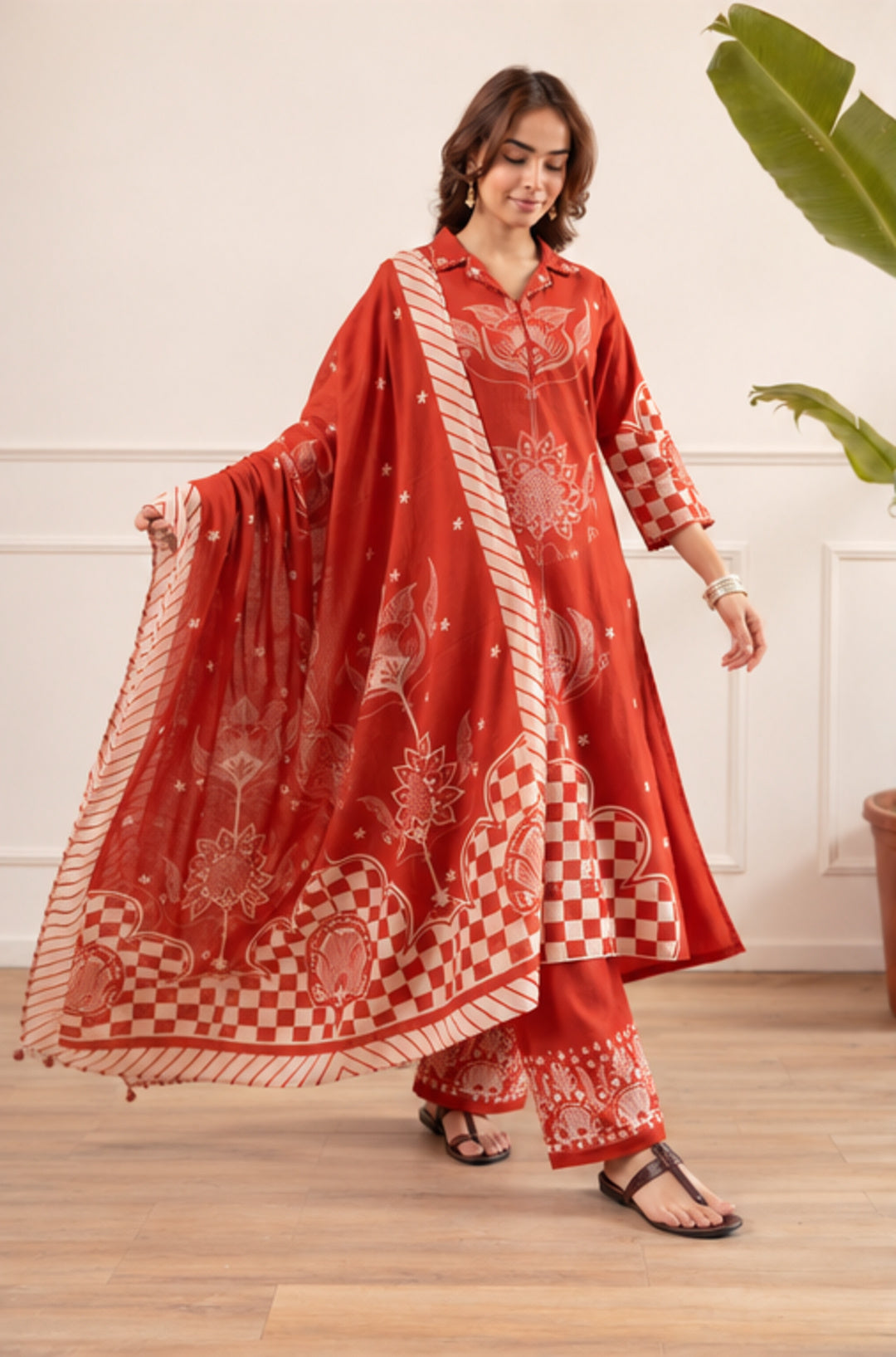 Mul Chanderi V-Neck Rust Red Kurta