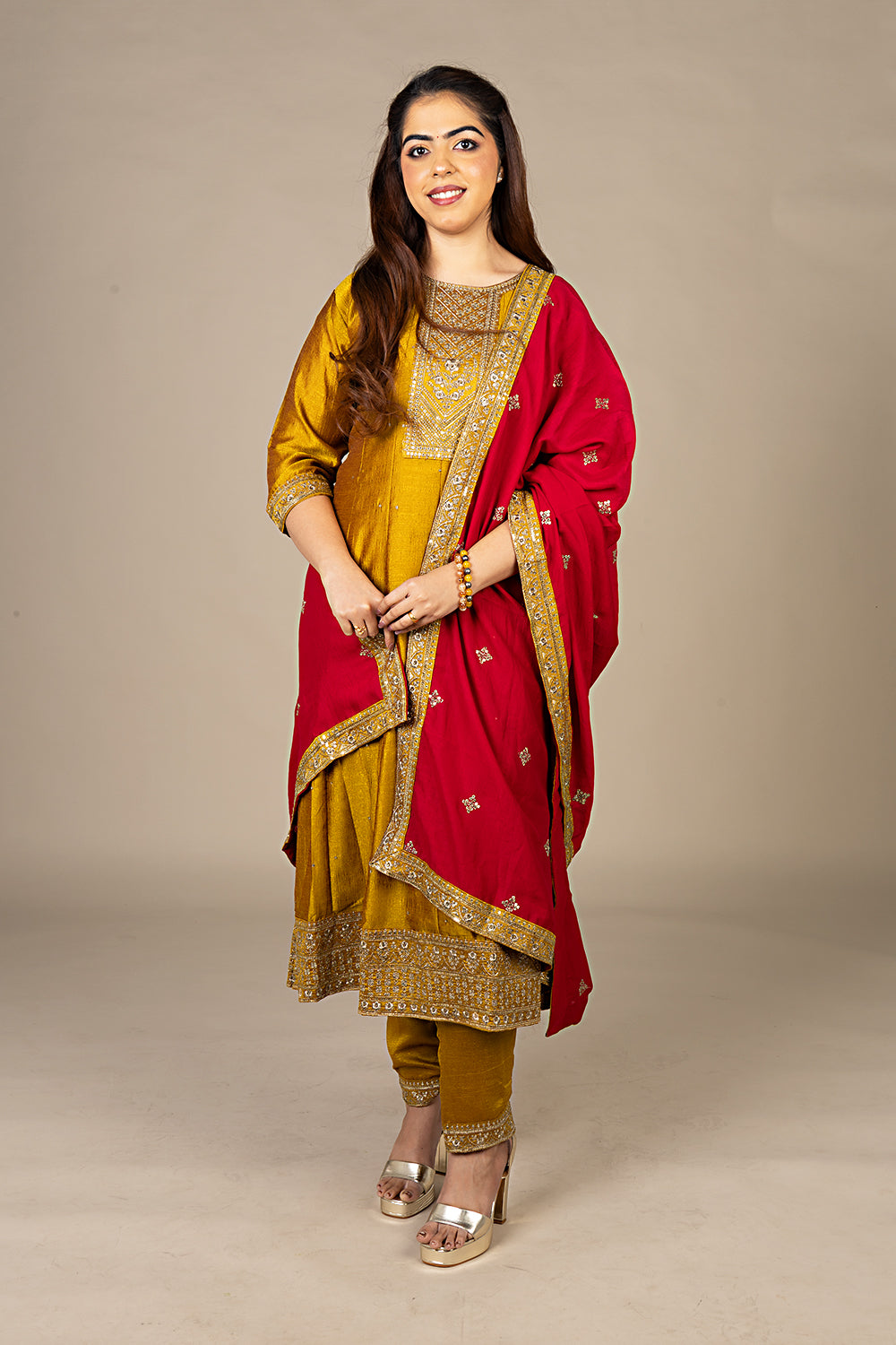 Golden Suit with Red Dupatta