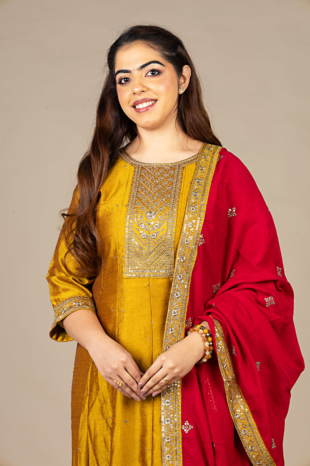 Golden Suit with Red Dupatta