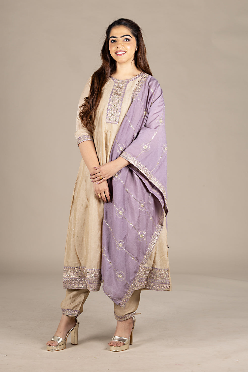 Beige Silk Designer Salwar Suit with Purple Dupatta