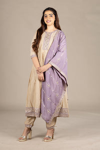 Beige Silk Designer Salwar Suit with Purple Dupatta