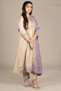 Beige Silk Designer Salwar Suit with Purple Dupatta