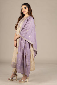 Beige Silk Designer Salwar Suit with Purple Dupatta