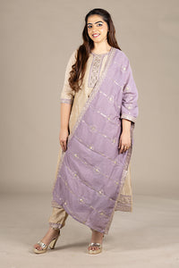 Beige Silk Designer Salwar Suit with Purple Dupatta