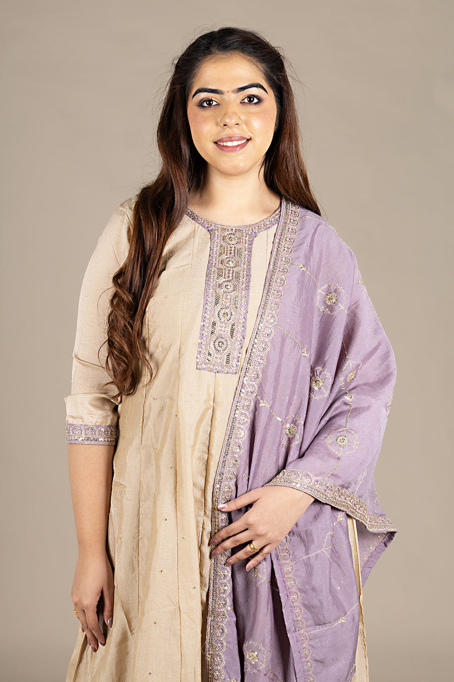 Beige Silk Designer Salwar Suit with Purple Dupatta