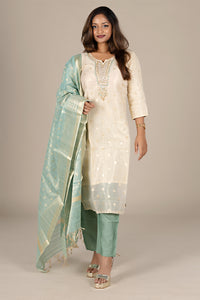 Off-White Designer Salwar Suit with Powder Blue Dupatta