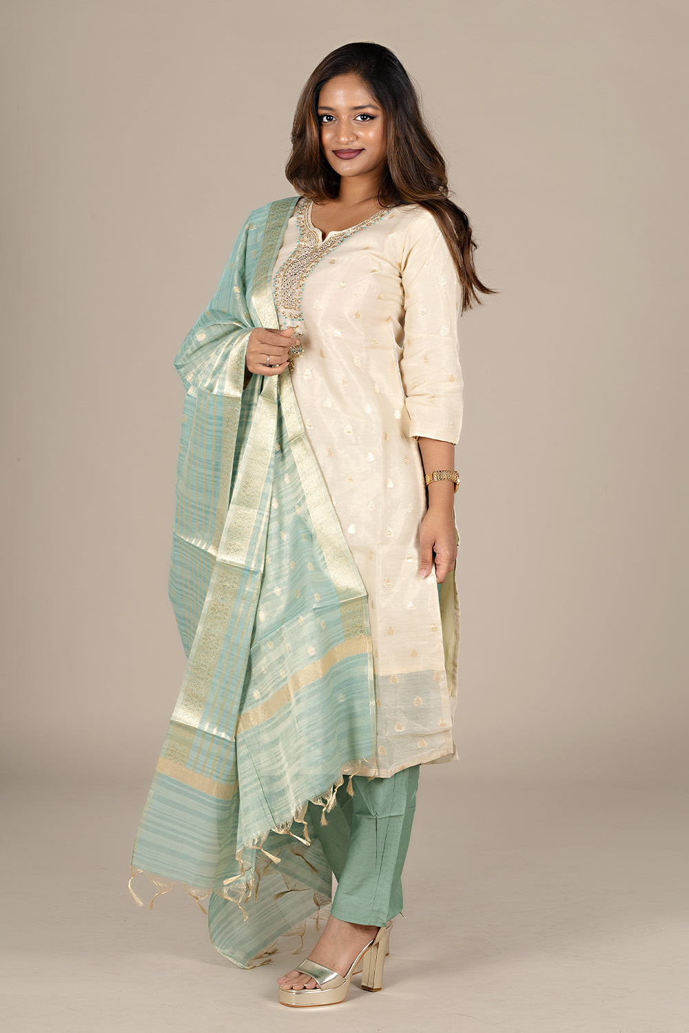 Off-White Designer Salwar Suit with Powder Blue Dupatta