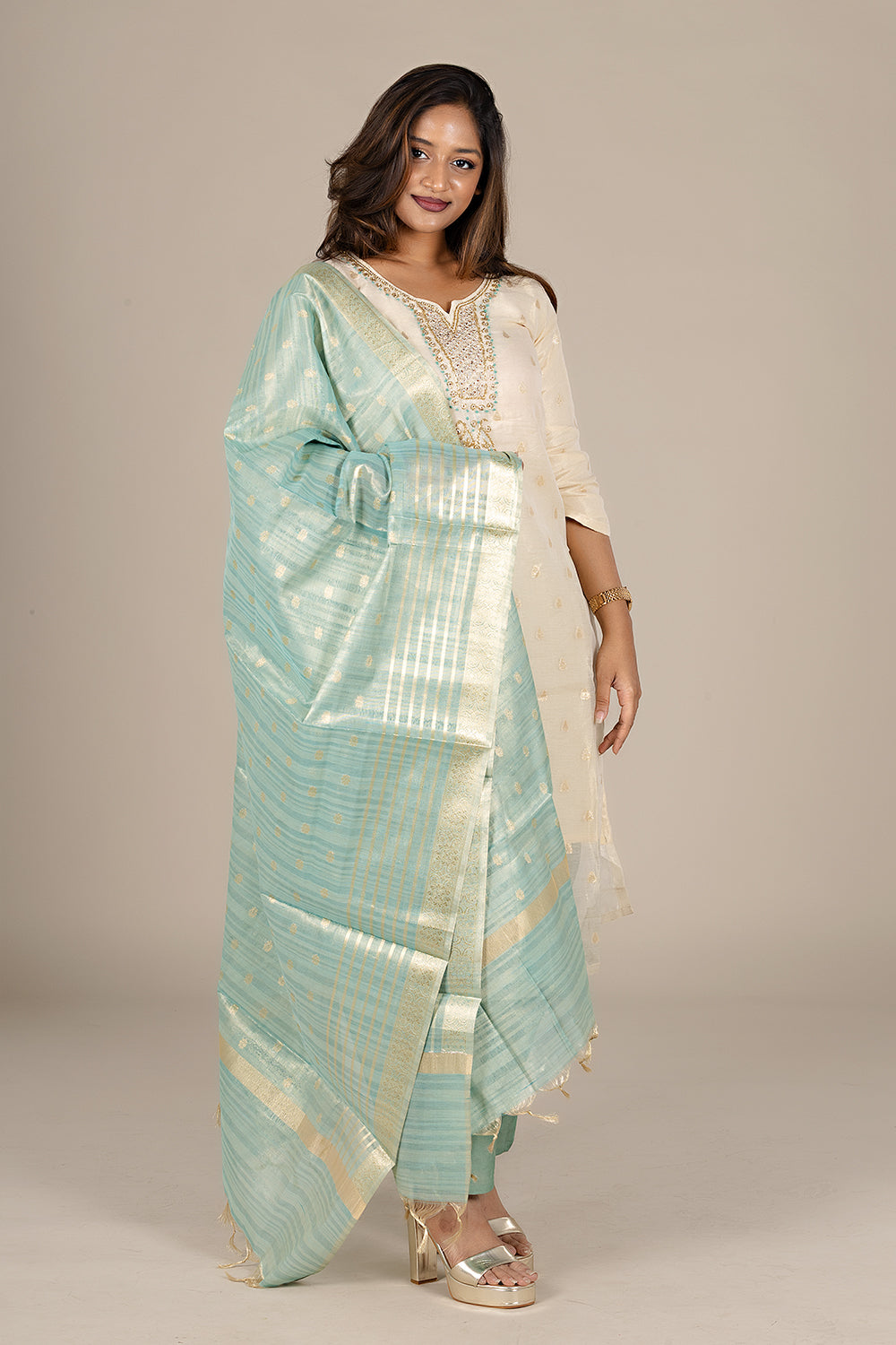 Off-White Designer Salwar Suit with Powder Blue Dupatta