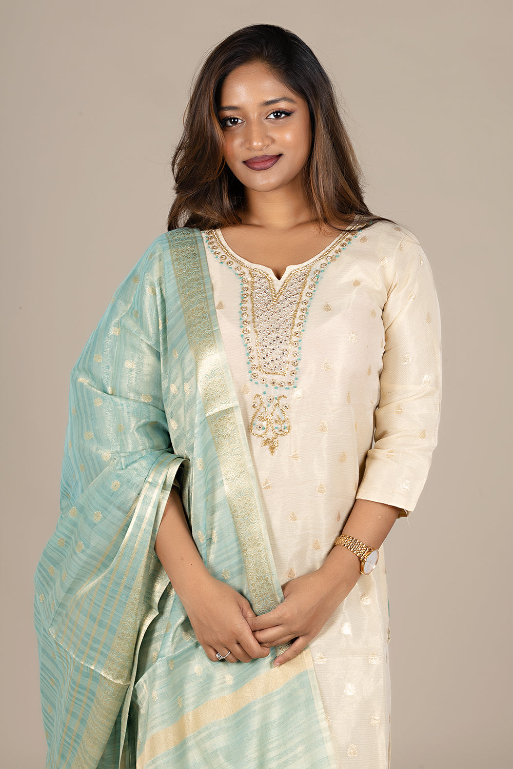 Off-White Designer Salwar Suit with Powder Blue Dupatta