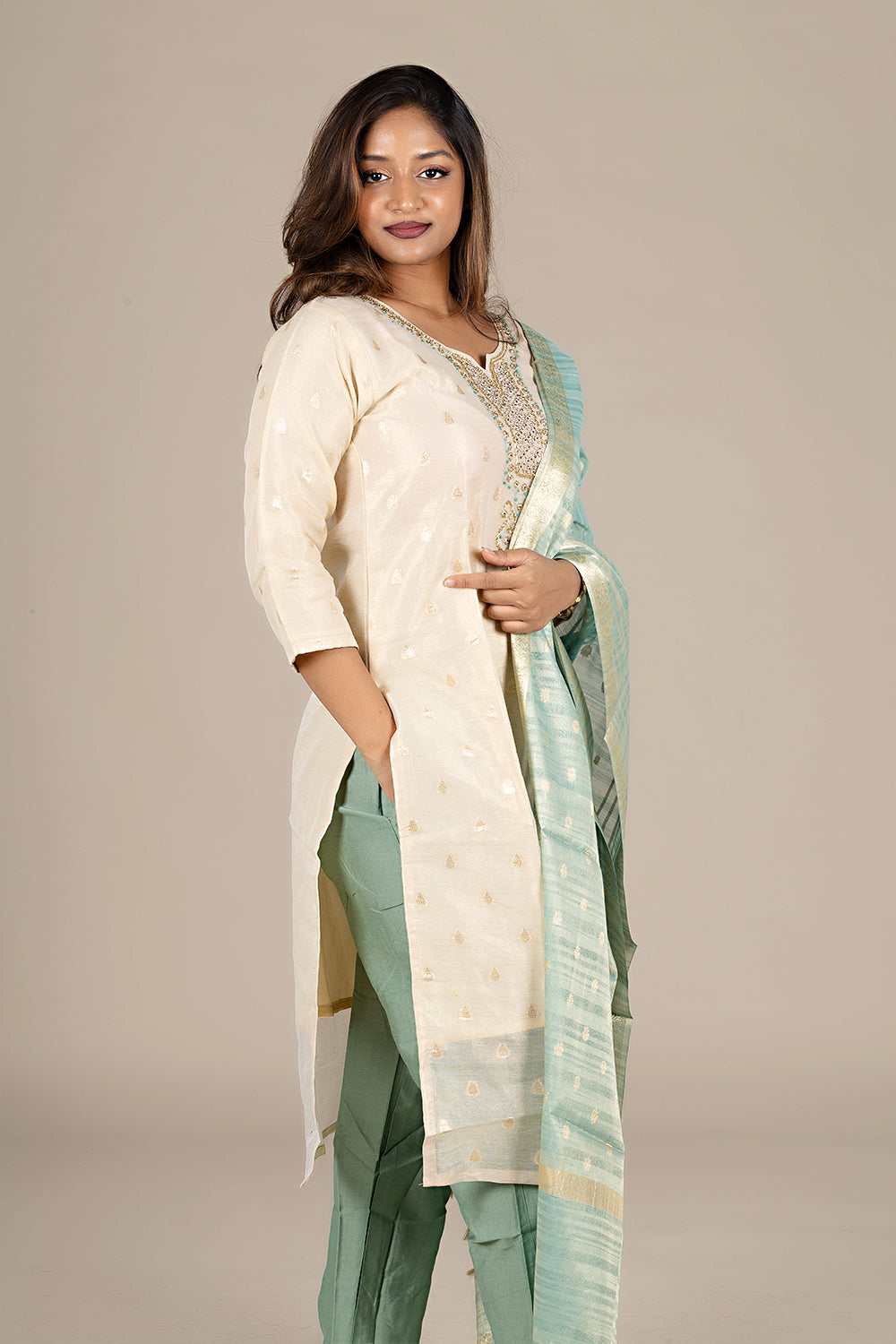 Off-White Designer Salwar Suit with Powder Blue Dupatta