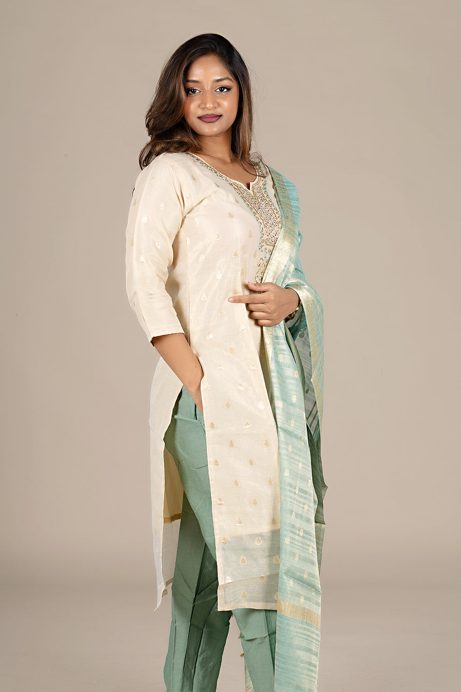 Off-White Designer Salwar Suit with Powder Blue Dupatta