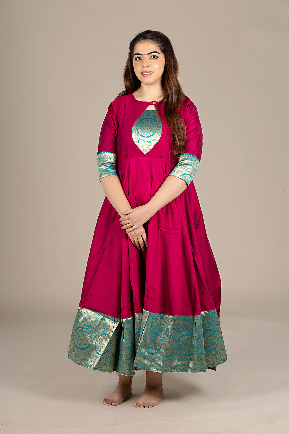 Flared Maroon Kurti with Banarasi Border