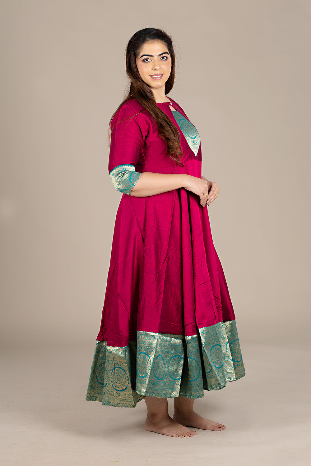 Flared Maroon Kurti with Banarasi Border
