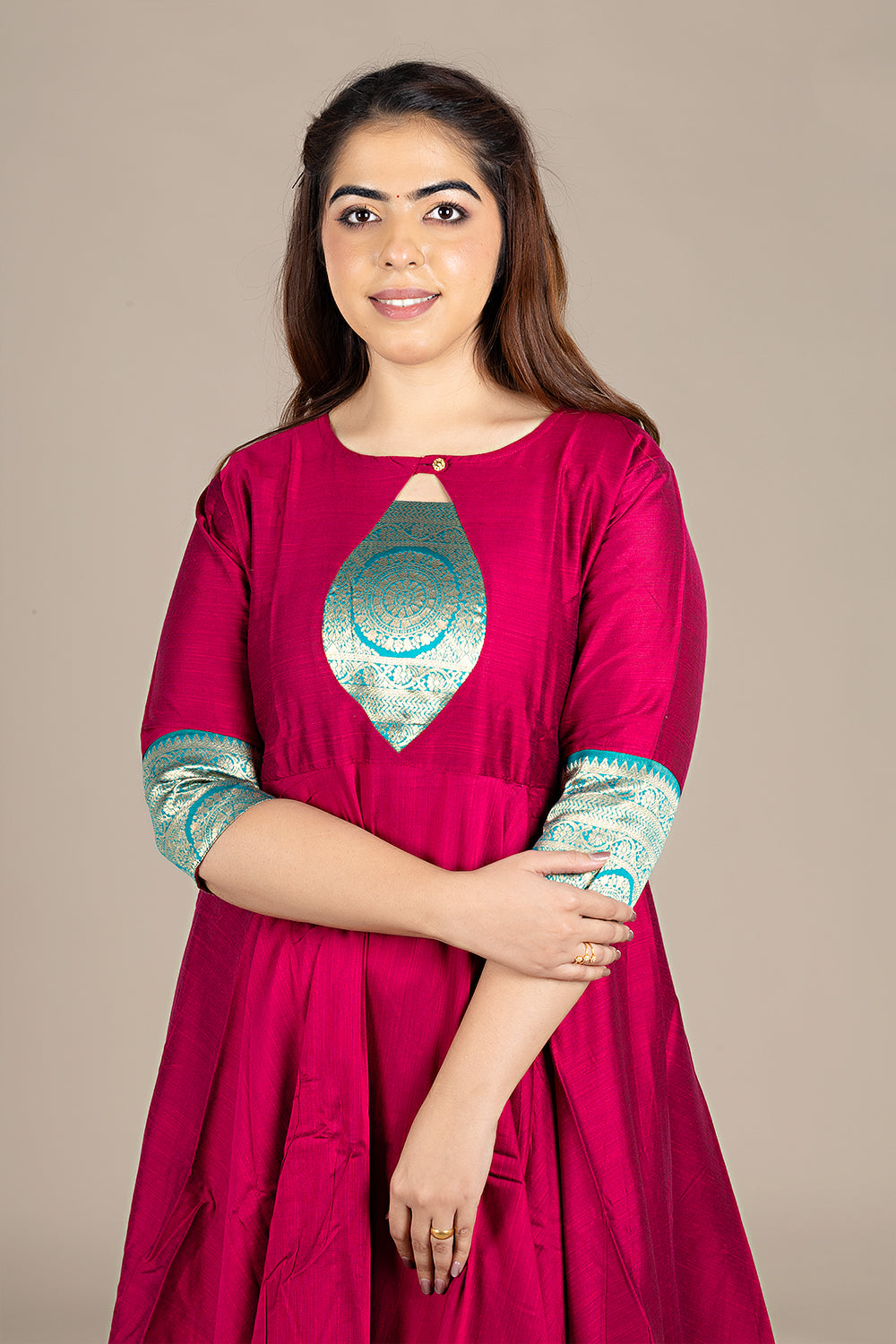 Flared Maroon Kurti with Banarasi Border