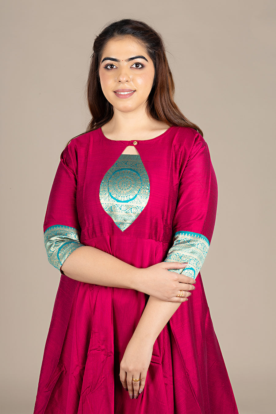Flared Maroon Kurti with Banarasi Border