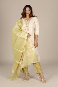 Off-White Designer Salwar Suit with Powder Green Dupatta