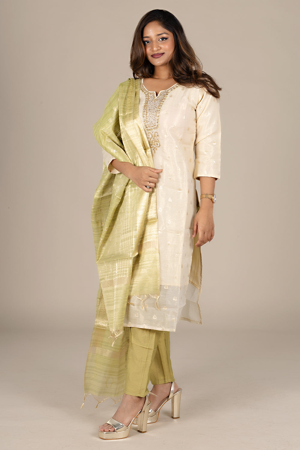 Off-White Designer Salwar Suit with Powder Green Dupatta