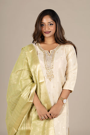 Off-White Designer Salwar Suit with Powder Green Dupatta