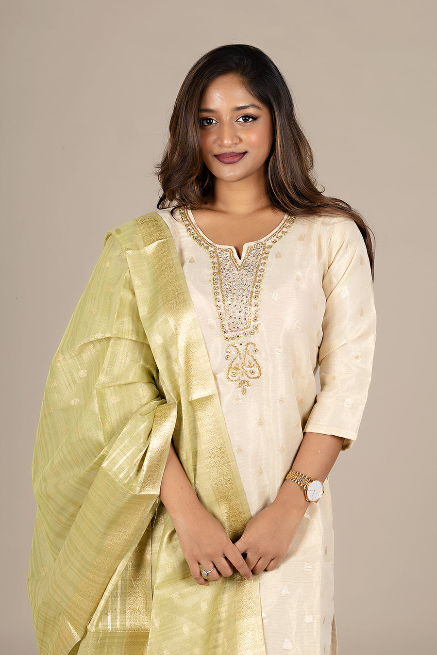 Off-White Designer Salwar Suit with Powder Green Dupatta