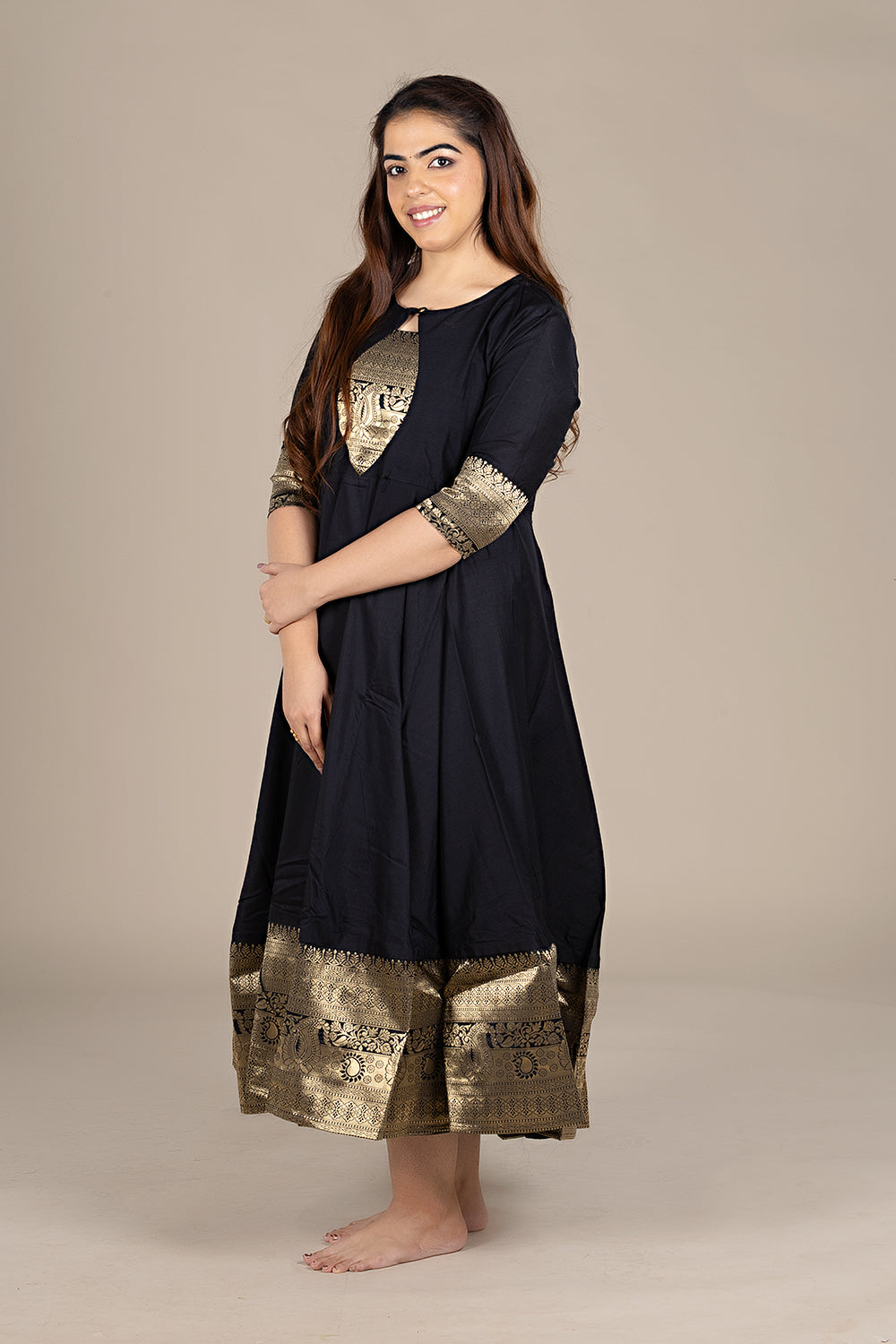 Flared Black Dress with Banarasi Border