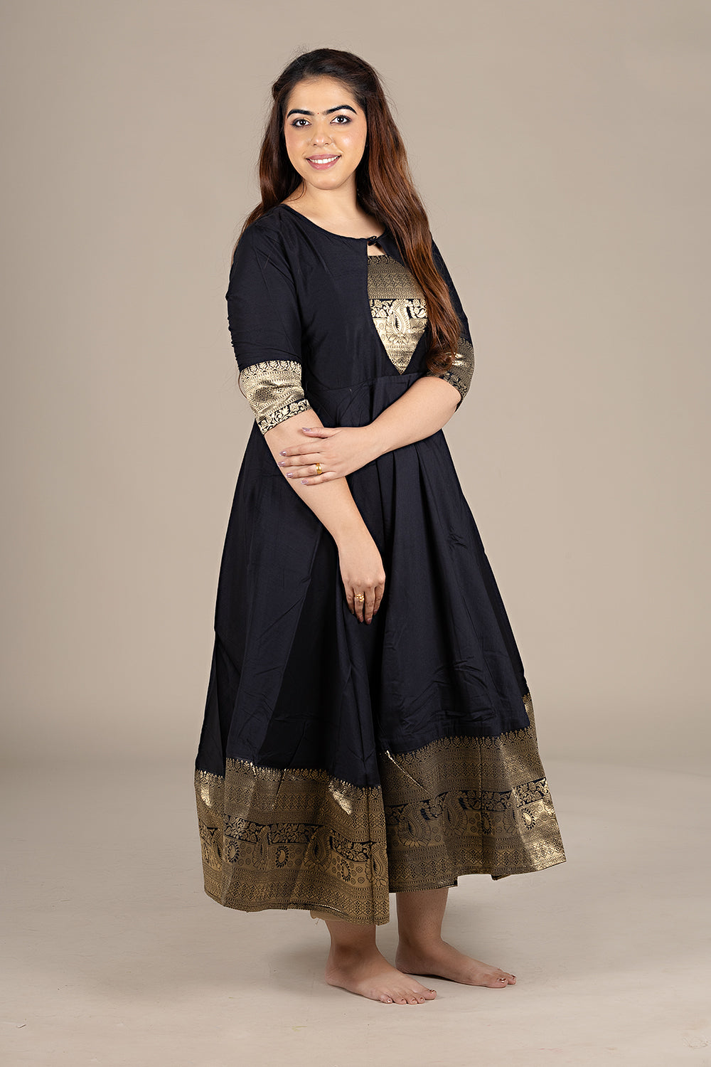 Flared Black Dress with Banarasi Border