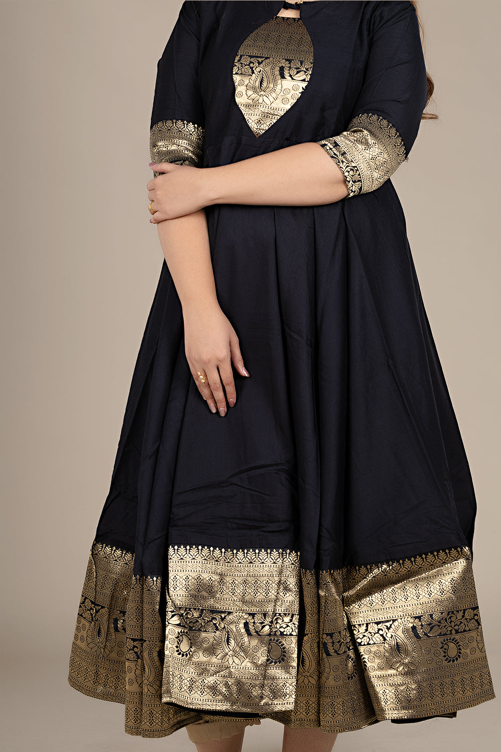 Flared Black Dress with Banarasi Border