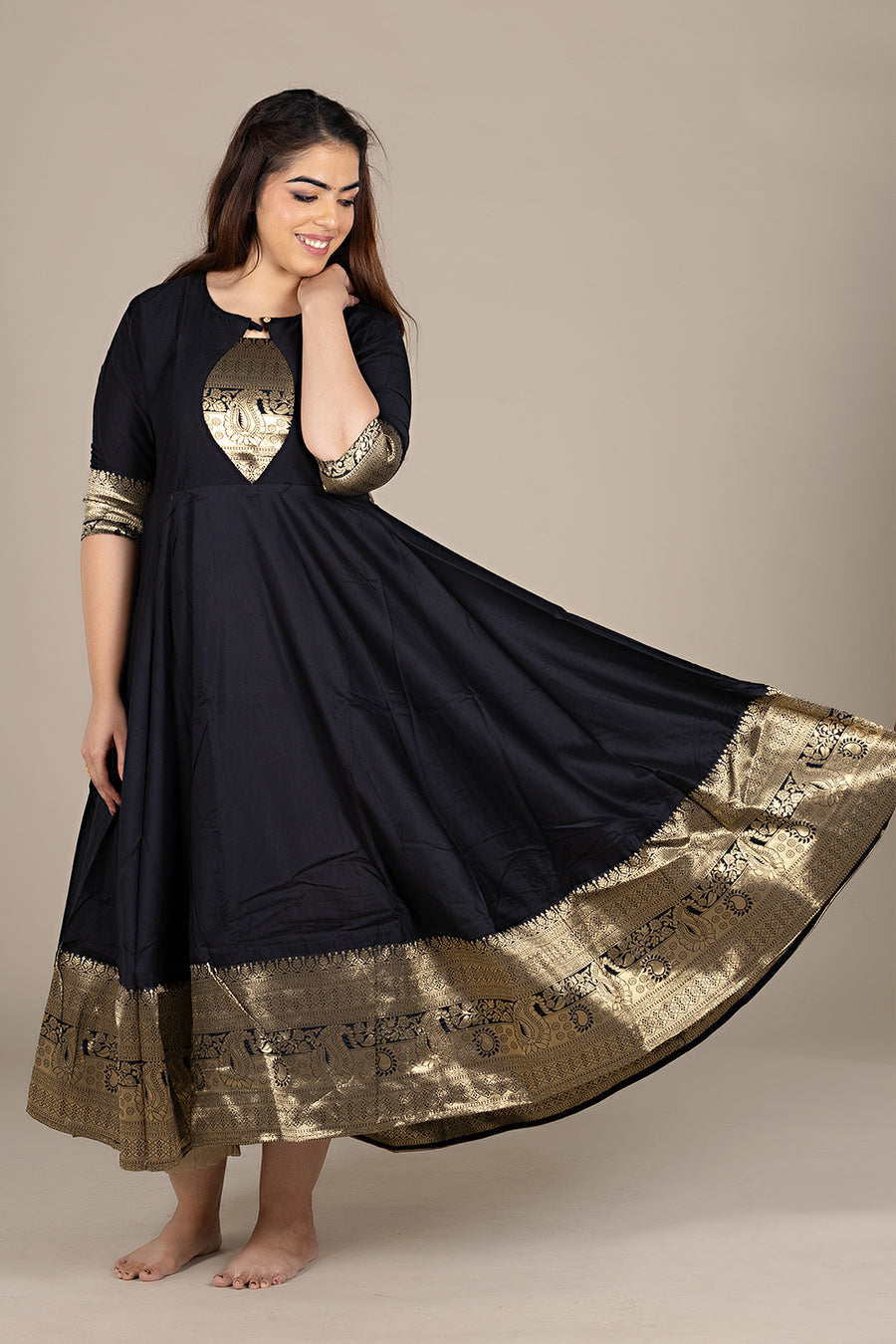 Flared Black Dress with Banarasi Border