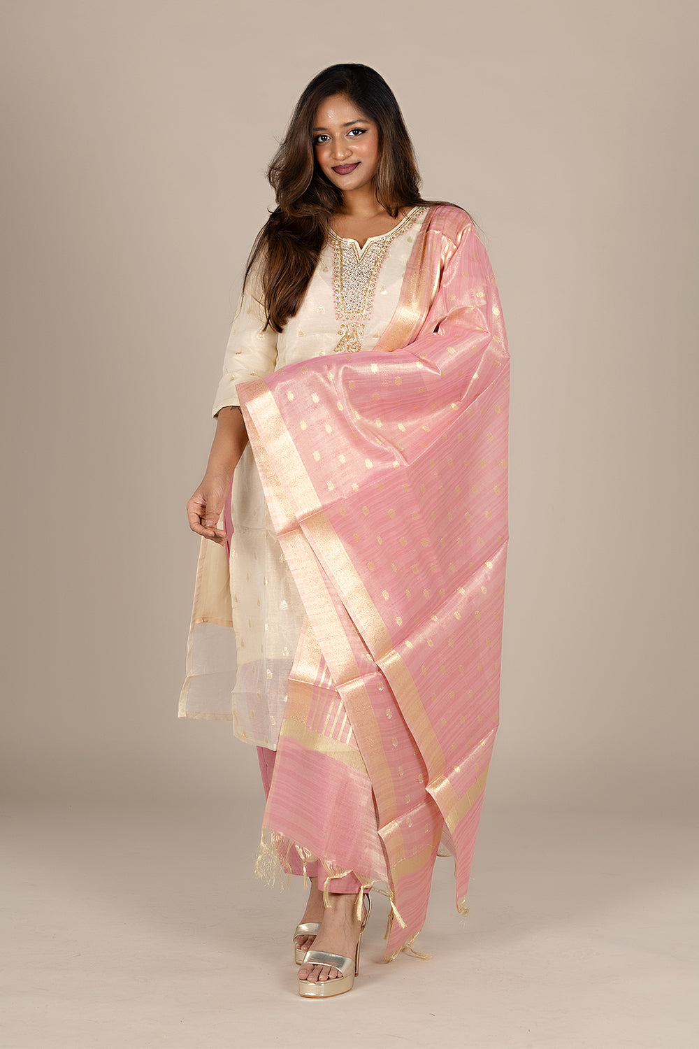 Off-White Designer Suit with Pink Dupatta