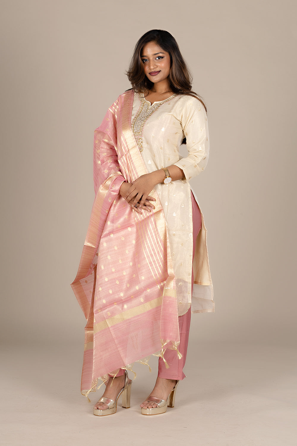 Off-White Designer Suit with Pink Dupatta