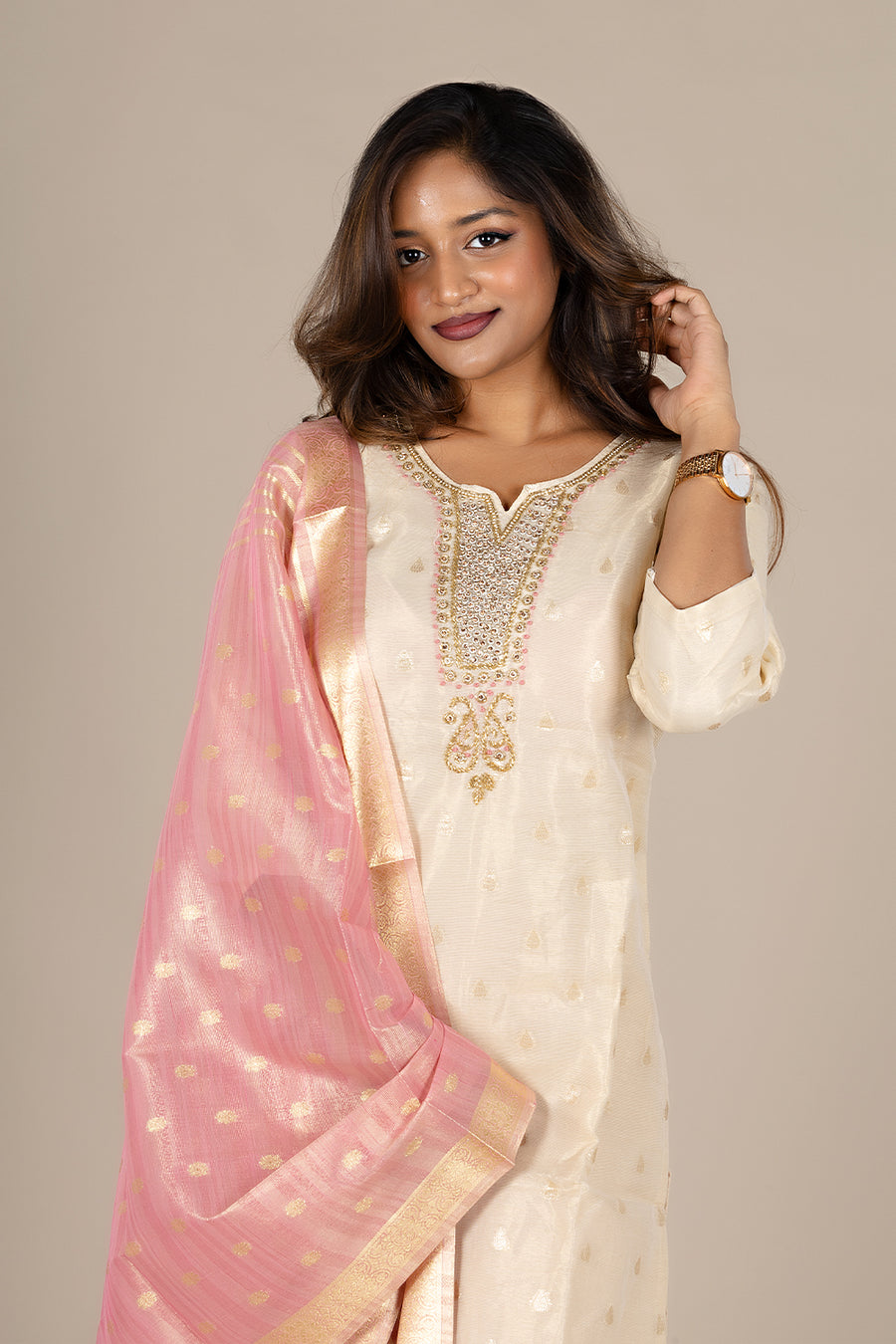 Off-White Designer Suit with Pink Dupatta