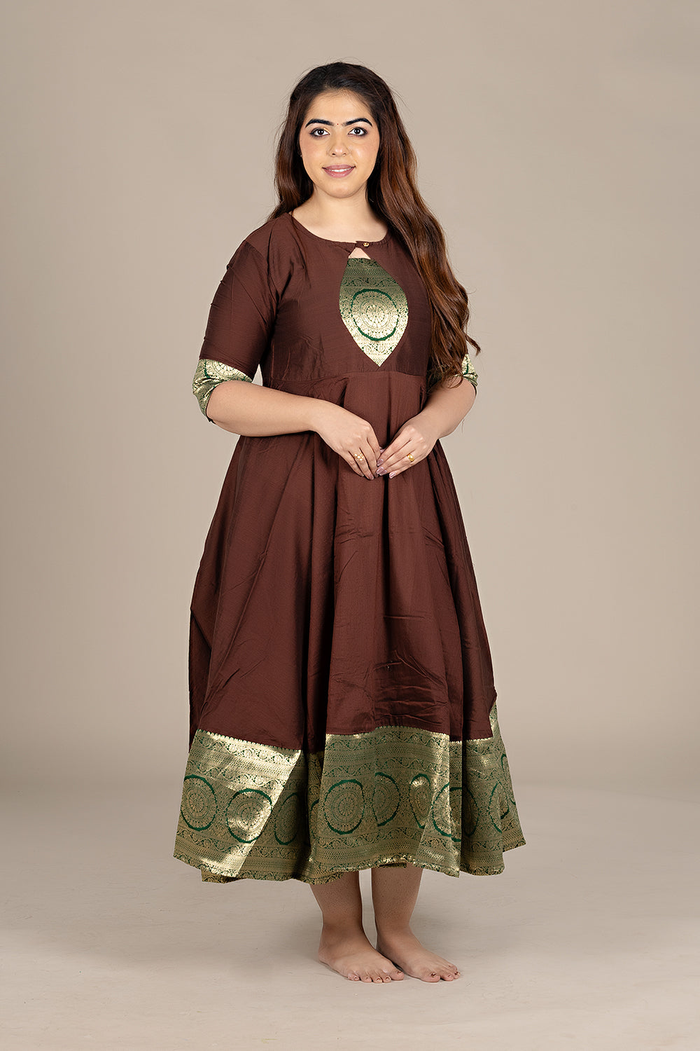 Flared Brown Kurti with Banarasi Border