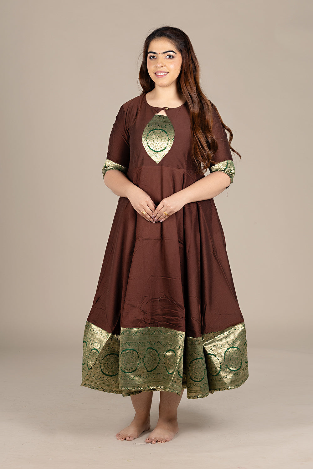 Flared Brown Kurti with Banarasi Border