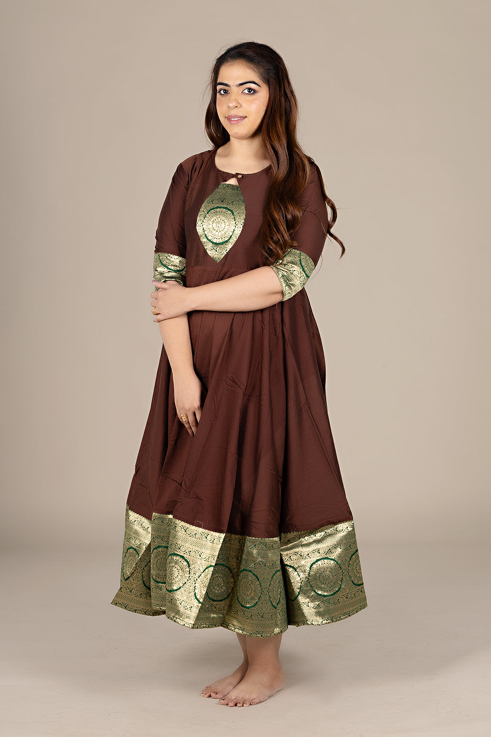 Flared Brown Kurti with Banarasi Border
