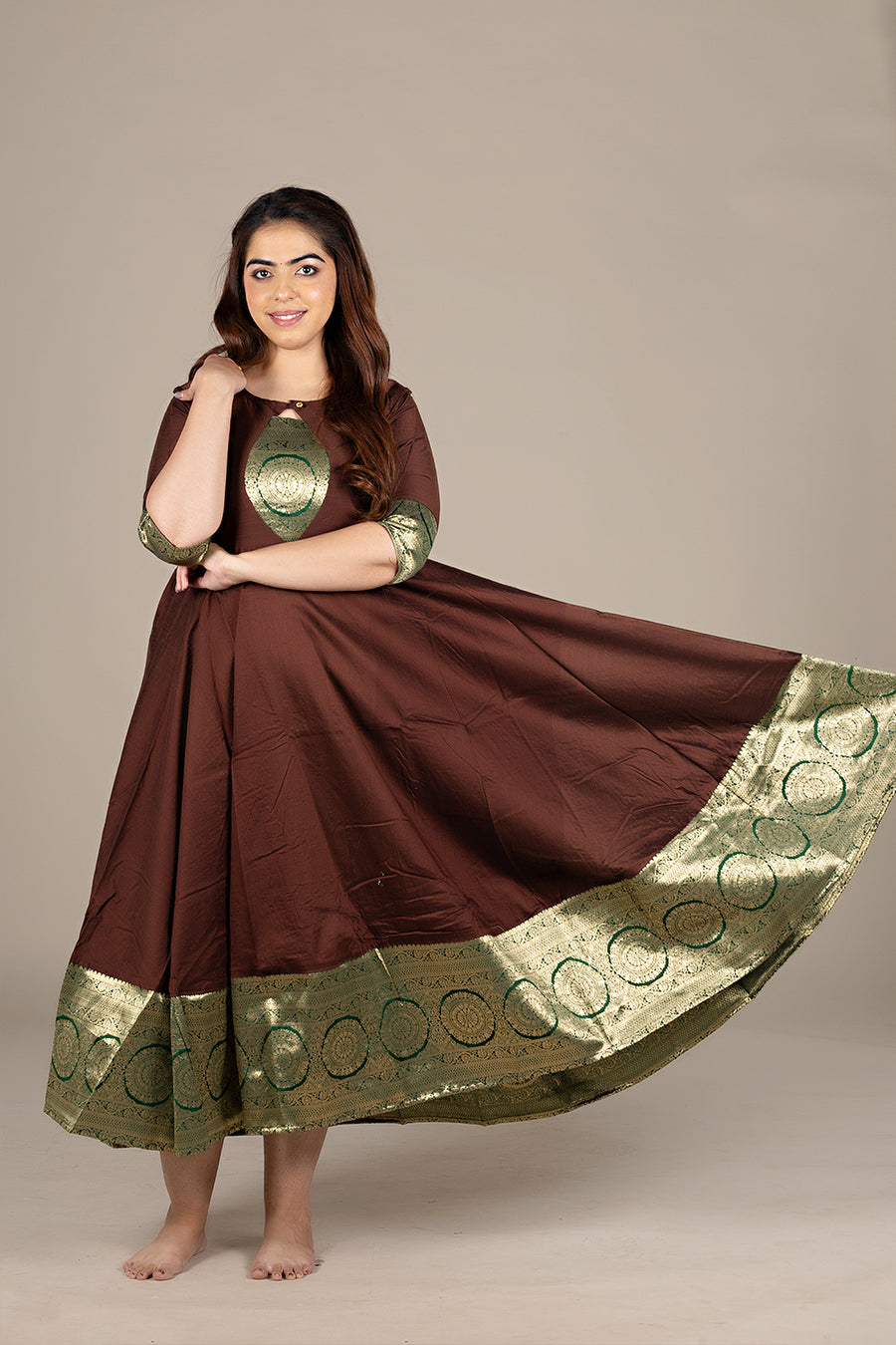 Flared Brown Kurti with Banarasi Border