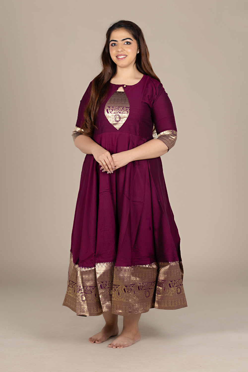 Flared Wine Kurti with Banarasi Border