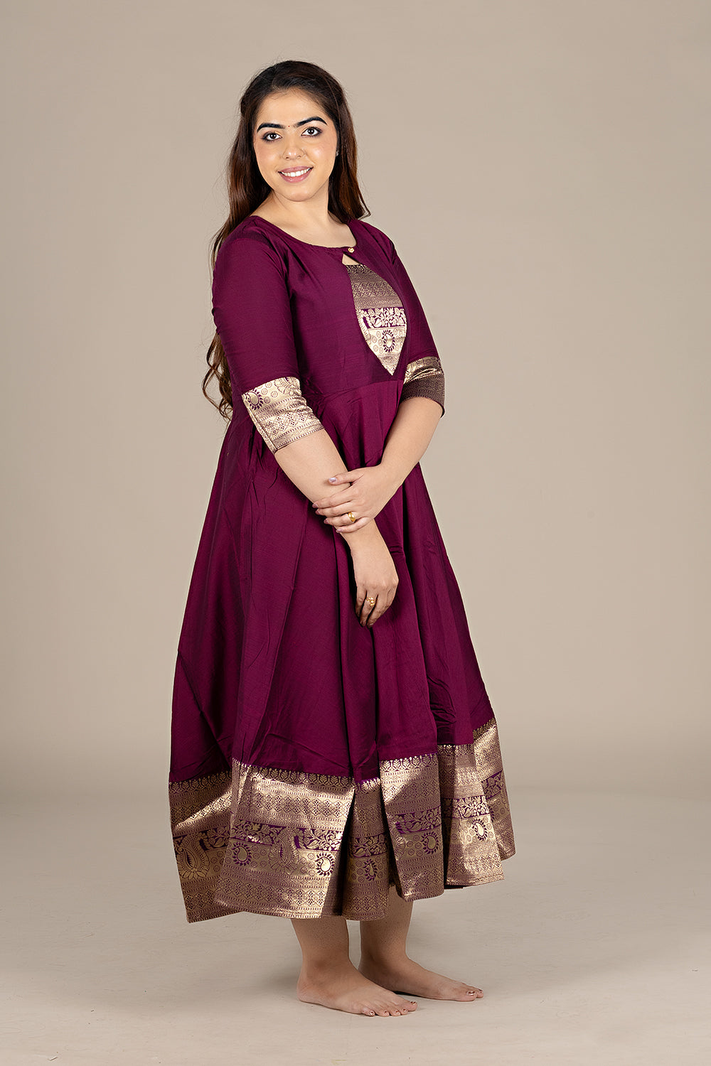 Flared Wine Kurti with Banarasi Border